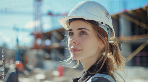 Woman manager wearing a construction helmet at a construction site, industrial enterprise. 