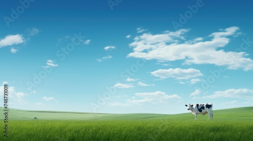 a black and white cow standing in the middle of a field of green grass under a blue sky with clouds.