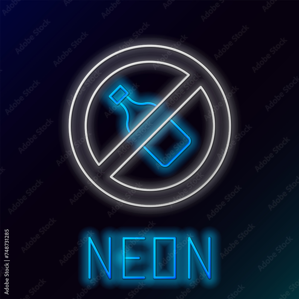 Glowing neon line No alcohol icon isolated on black background. Prohibiting alcohol beverages. Forbidden symbol with beer bottle glass. Colorful outline concept. Vector Glowing neon line No alcohol icon isolated on black background. Prohibiting alcohol beverages. Forbidden symbol with beer bottle glass. Colorful outline concept. Vector
