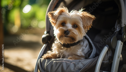 a puppy looks out of a baby stroller.