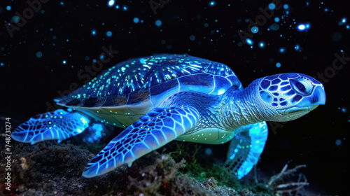 a close up of a sea turtle on a reef at night with stars in the sky in the back ground. photo