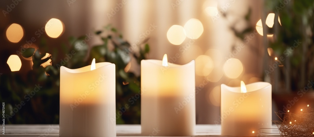 Three white candles are placed neatly on top of a wooden table, their wicks unlit. The candles are of equal height, creating a simple and elegant display. Three white candles are placed neatly on top of a wooden table, their wicks unlit. The candles are of equal height, creating a simple and elegant display.