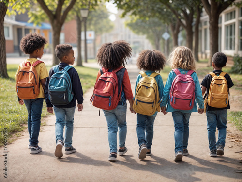 Group of young diverse children with backpacks walking together embodying the back to school concept on their first day of school