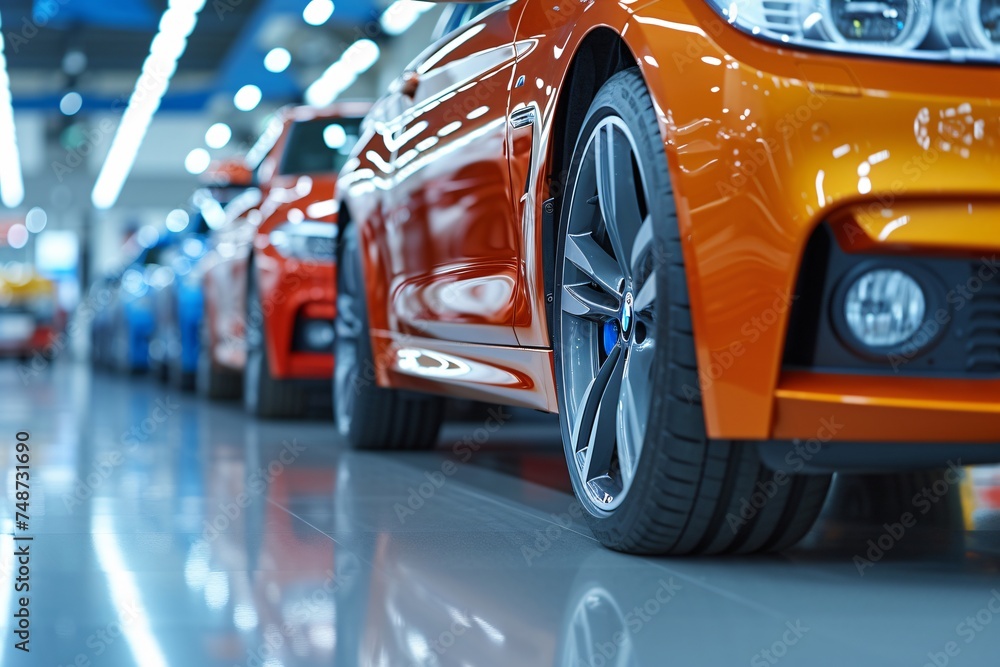 cars in showroom fore sale close up of tires  Showroom Elegance - Colorful, Polished Cars in a Bright, Modern Dealership