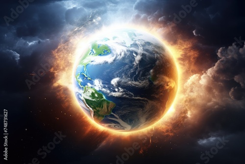 Earth planet sunny cloudy rainy and lightning bolts weather forecast, climate change. Generative Ai.