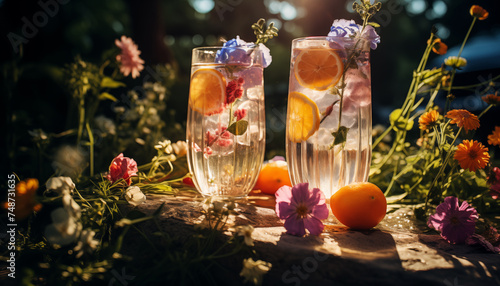 summer floral cocktails on the grass.