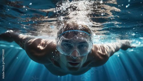 A swimmer in points in competition is focused on winning