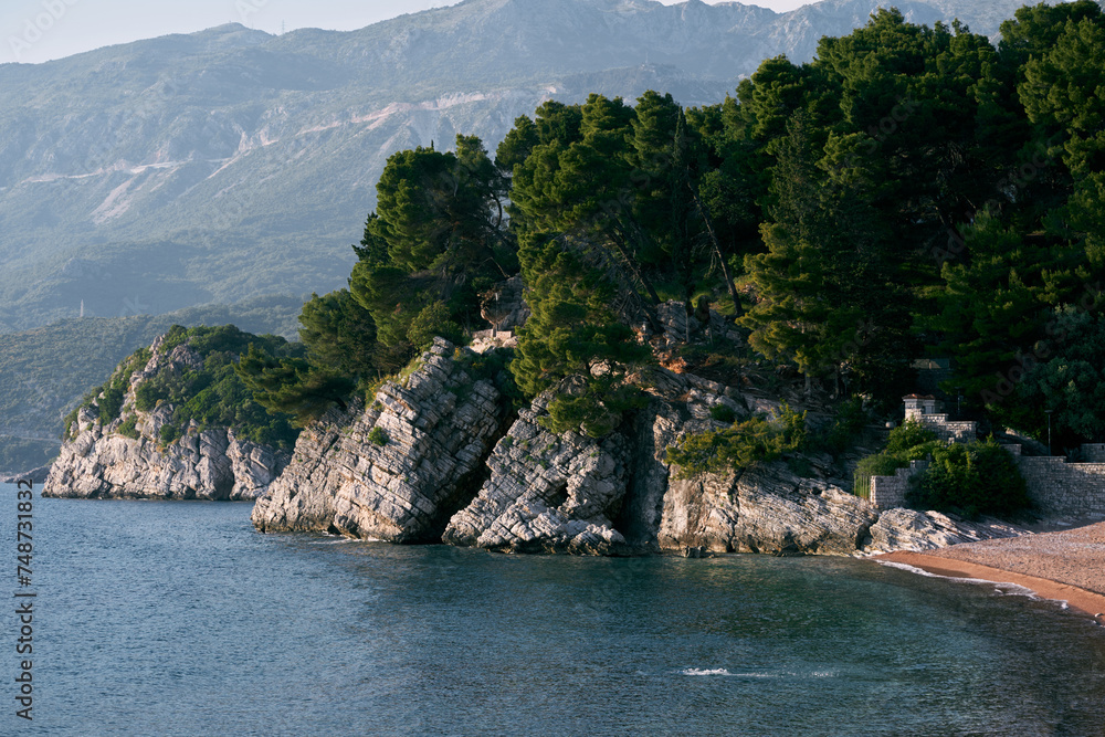 Sheer rocky seashore with green trees against the backdrop of mountains