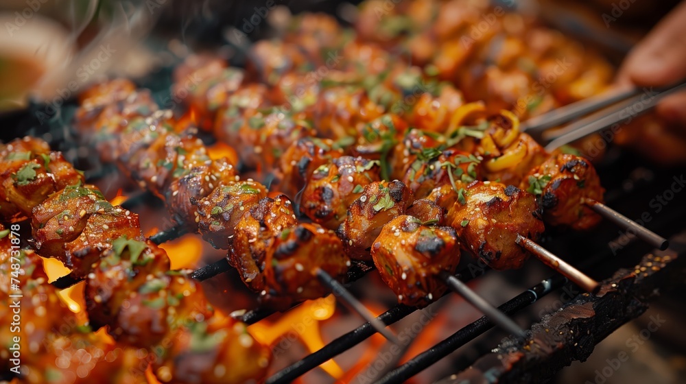 Street Food. Sizzling grilled skewers with spices over open flames at a street food stall, offering a sensory delight. Street Food. Sizzling grilled skewers with spices over open flames at a street food stall, offering a sensory delight.