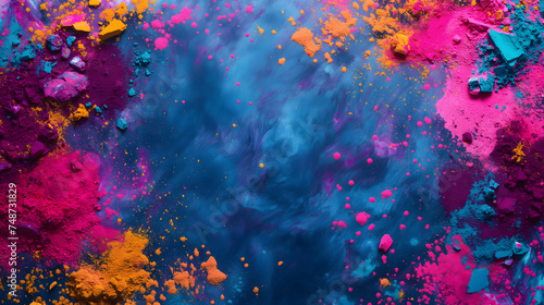 Vibrant colorful piles of red and purple pigment powders frame on blue background with copy space for text at the center of image.