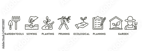 Gardening icons set and design elements vector illustration with the icon of garden tools, sowing, planting, pruning, ecological, planning and garden
