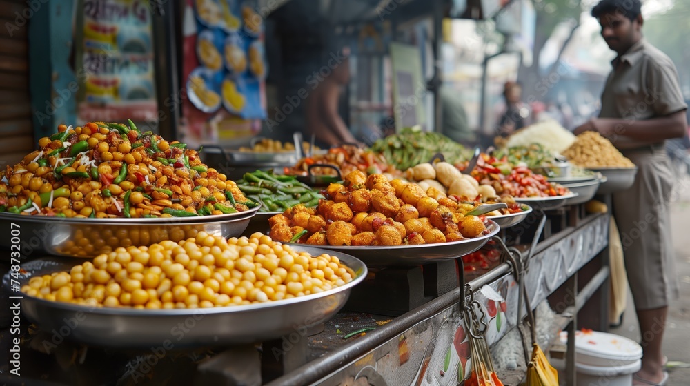 Street Food. Variety of colorful Indian snacks displayed at a street food stall, with a vendor in the background.