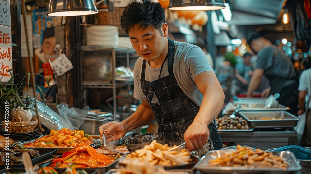 Street Food. Busy street food vendor preparing exotic dishes at a lively night market, illuminated by warm lights.