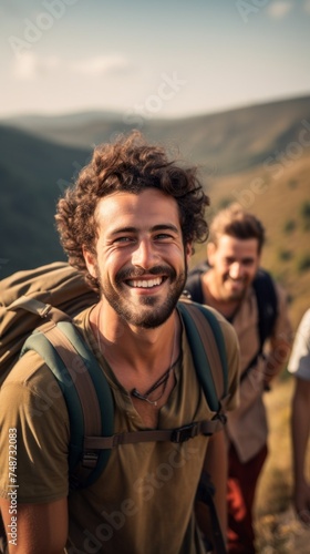 A happy smiling handsome young man with a backpack on a hike with friends in the mountains. Hiking, Active tourism, Nature, Travel, Lifestyle concepts.