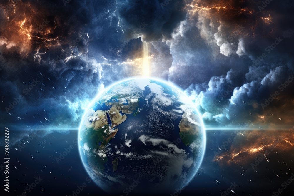 Fototapeta premium Earth planet sunny cloudy rainy and lightning bolts weather forecast, climate change. Generative Ai.