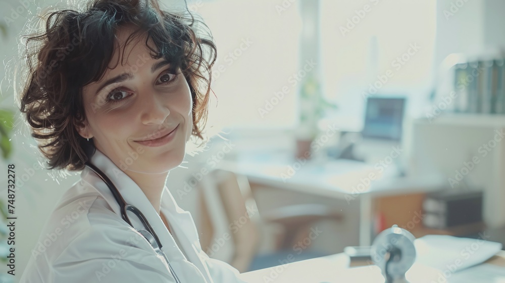 portrait of smiling female doctor at office desk, light color tone, modern office interior background portrait of smiling female doctor at office desk, light color tone, modern office interior background