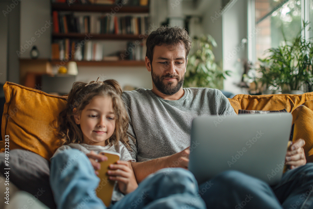 Father and Daughter Sitting on Couch With Laptop Father and Daughter Sitting on Couch With Laptop