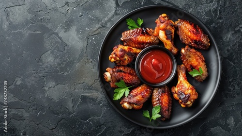 Grilled spicy chicken wings with ketchup on a black plate on a dark slate, stone or concrete background. Top view with copy space.