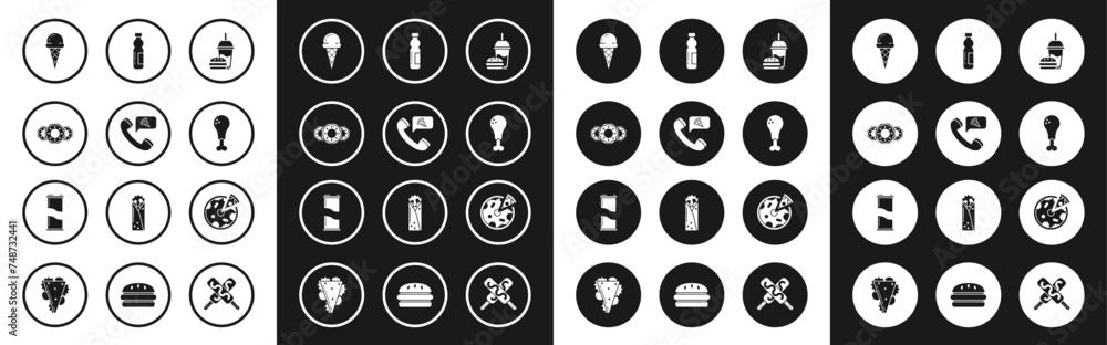 Set Paper glass with drinking straw and burger, Food ordering pizza, Donut sweet glaze, Ice cream waffle cone, Chicken leg, Bottle of water, Pizza and Soda can icon. Vector Set Paper glass with drinking straw and burger, Food ordering pizza, Donut sweet glaze, Ice cream waffle cone, Chicken leg, Bottle of water, Pizza and Soda can icon. Vector