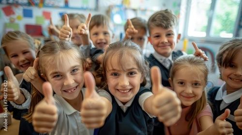 Happy children smiling and laughing in the classroom, showing thumb up, successful pupils and teacher