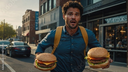 burger man burger wacking man a man han holding burger