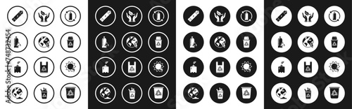Set Recycling plastic bottle, Earth globe and leaf, Battery, Recycle bin with recycle symbol can, Sprout hand of environmental protection, Solar energy panel and icon. Vector