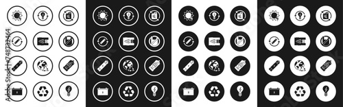 Set Bio fuel canister, Stop ocean plastic pollution, Battery with recycle symbol line, Solar energy panel, Say no bags poster, Recycle and light bulb lightning, and icon. Vector