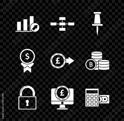 Set Presentation financial with graph, Push pin, Lock, Computer monitor pound sterling symbol, Calculator dollar, Reward for good work and Coin money icon. Vector