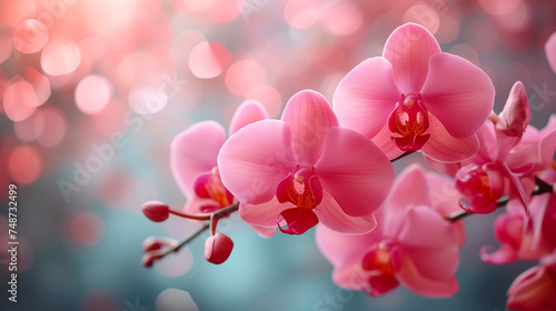 Beautiful spring nature background with orchid flowers. Pink orchid flowers closeup on pink bokeh background.