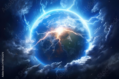 Earth planet sunny cloudy rainy and lightning bolts weather forecast  climate change. Generative Ai.