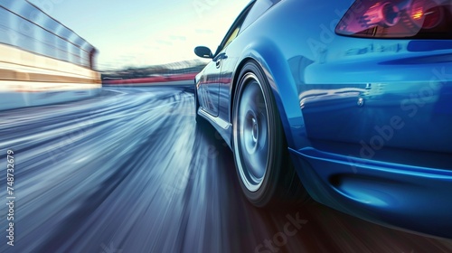 business car rushing along high-speed highway, motion blur creating dynamic transportation scene in urban environment