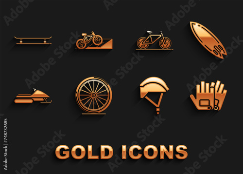 Set Bicycle wheel, Surfboard, Gloves, helmet, Snowmobile, Skateboard and on street ramp icon. Vector