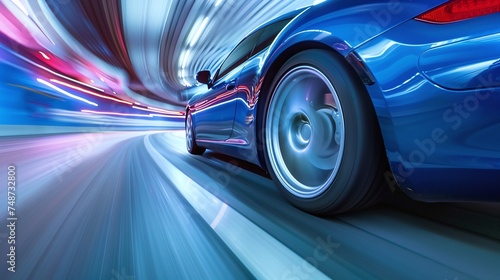 blue business car speeding along high-speed highway, motion blur effect creating dynamic urban transportation scene © CinimaticWorks