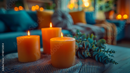 Burning candles in a cozy living room. Selective focus.