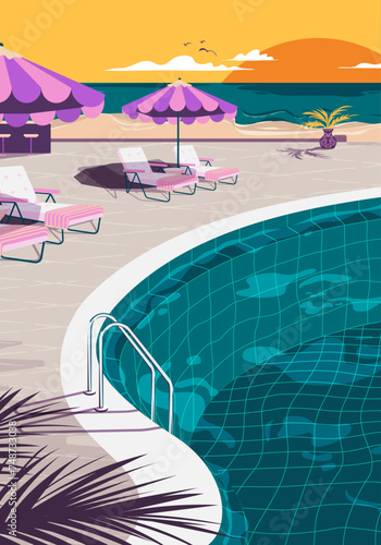 Portrait view of resort swimming pool with no people next to the beach