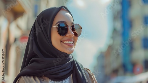 Portrait of happy muslim woman, smiling and enjoying moment in the city with skyscarpers photo