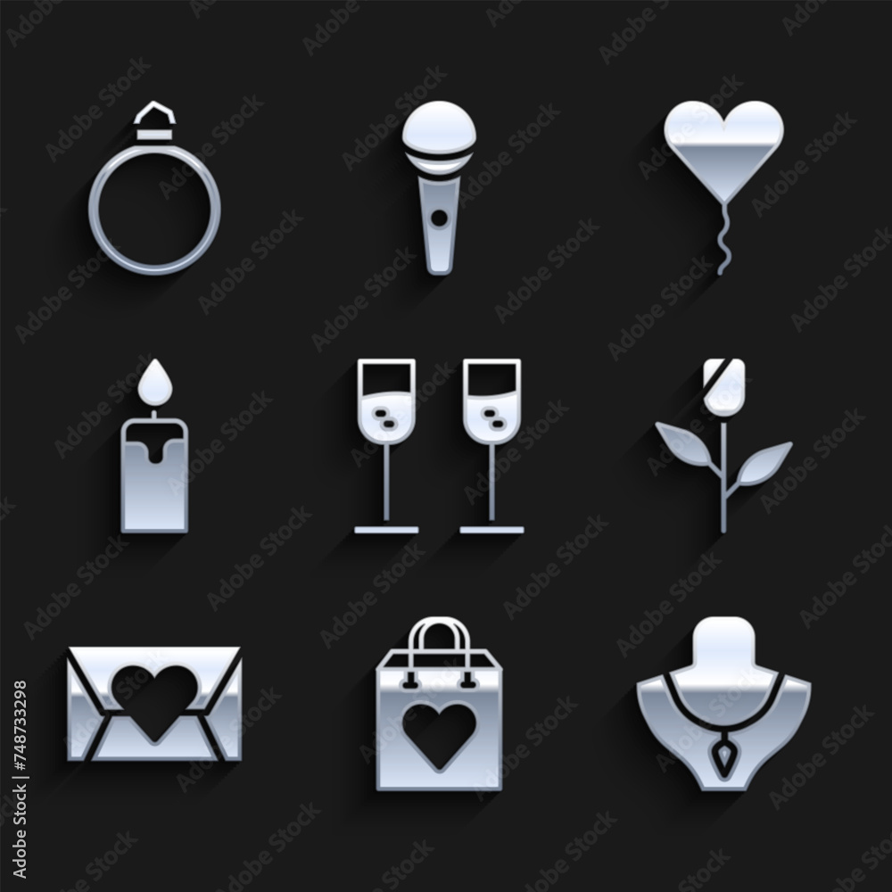 Set Glass of champagne, Shopping bag with heart, Necklace on mannequin, Flower rose, Envelope Valentine, Burning candle, Balloon form and Diamond engagement ring icon. Vector Set Glass of champagne, Shopping bag with heart, Necklace on mannequin, Flower rose, Envelope Valentine, Burning candle, Balloon form and Diamond engagement ring icon. Vector