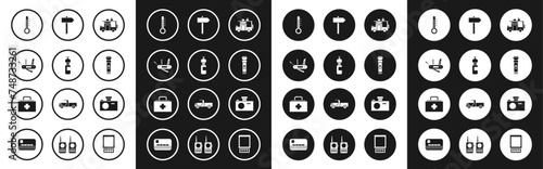 Set Rv Camping trailer, Bottle of water, Swiss army knife, Meteorology thermometer, Flashlight, Road traffic signpost, Photo camera and First aid kit icon. Vector