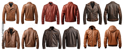 Set of men's brown leather jackets showcasing front and back views mock-up, cut out photo