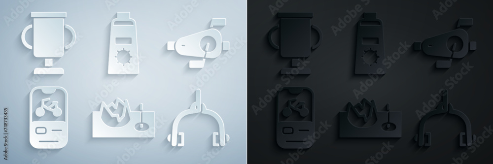 Set Bicycle on street ramp, pedals, rental mobile app, brake calipers, Sunscreen cream in tube and Award cup with bicycle icon. Vector Set Bicycle on street ramp, pedals, rental mobile app, brake calipers, Sunscreen cream in tube and Award cup with bicycle icon. Vector