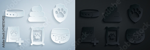 Set Bag of food for dog, Animal health insurance, Aquarium with fish, Shit and Collar name tag icon. Vector