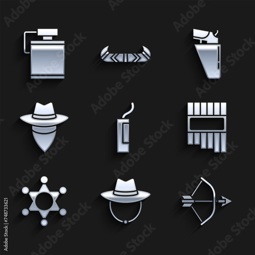 Set Dynamite bomb, Western cowboy hat, Bow and arrow in quiver, Pan flute, Hexagram sheriff, Cowboy, Revolver gun holster and Canteen water bottle icon. Vector