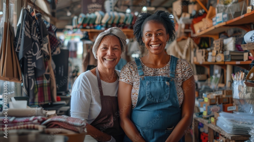 Two happy businesswomen smiling while working in a thrift store. Female entrepreneurs running an e-commerce small