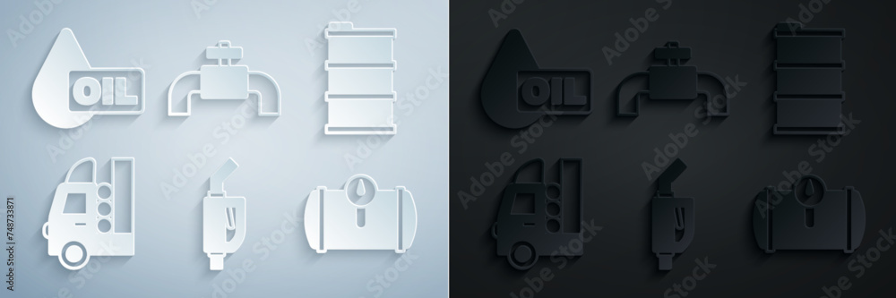 Set Gasoline pump nozzle, Barrel oil, tank for vehicle, Metallic pipes and valve and Oil drop icon. Vector Set Gasoline pump nozzle, Barrel oil, tank for vehicle, Metallic pipes and valve and Oil drop icon. Vector