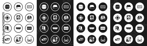 Set Keyboard, Hard disk drive HDD, Processor with CPU, Optical disc, Server, Data, Web Hosting, and Case of computer icon. Vector