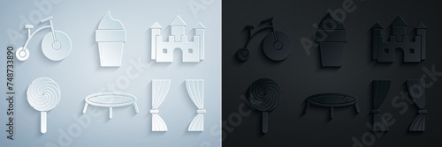 Set Jumping trampoline, Castle, Lollipop, Curtain, Ice cream waffle cone and Vintage bicycle with big wheel and small icon. Vector