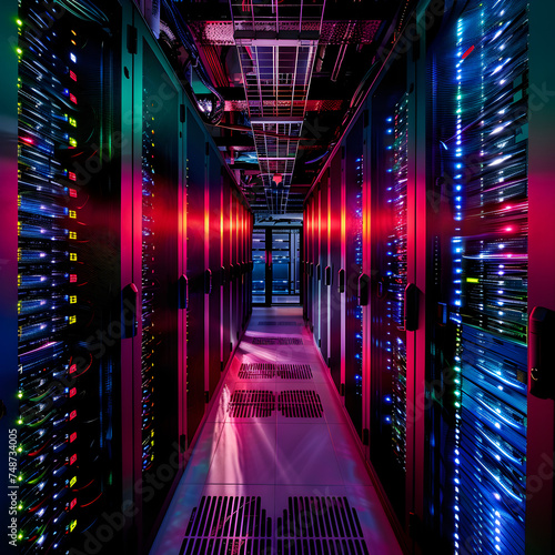 Data Technology Center Server Racks in Dark Room. Visualization Concept of Data Flow, Digitalization of Internet Traffic.