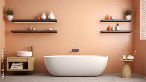 Contemporary peach colored bathroom interior with stylish bathtub and modern decor elements