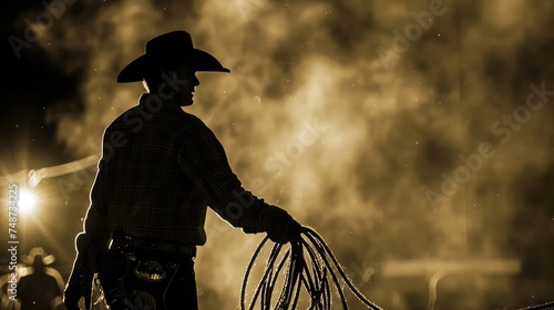 cowboy with lasso silhouette at small-town rodeo. Buyers note: image contains added grain to enhance theme of image.