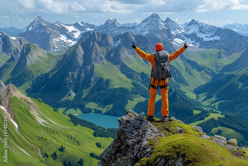 Triumphant Hiker on Mountain Summit with Panoramic Alpine views - Serene Nature and Adventur